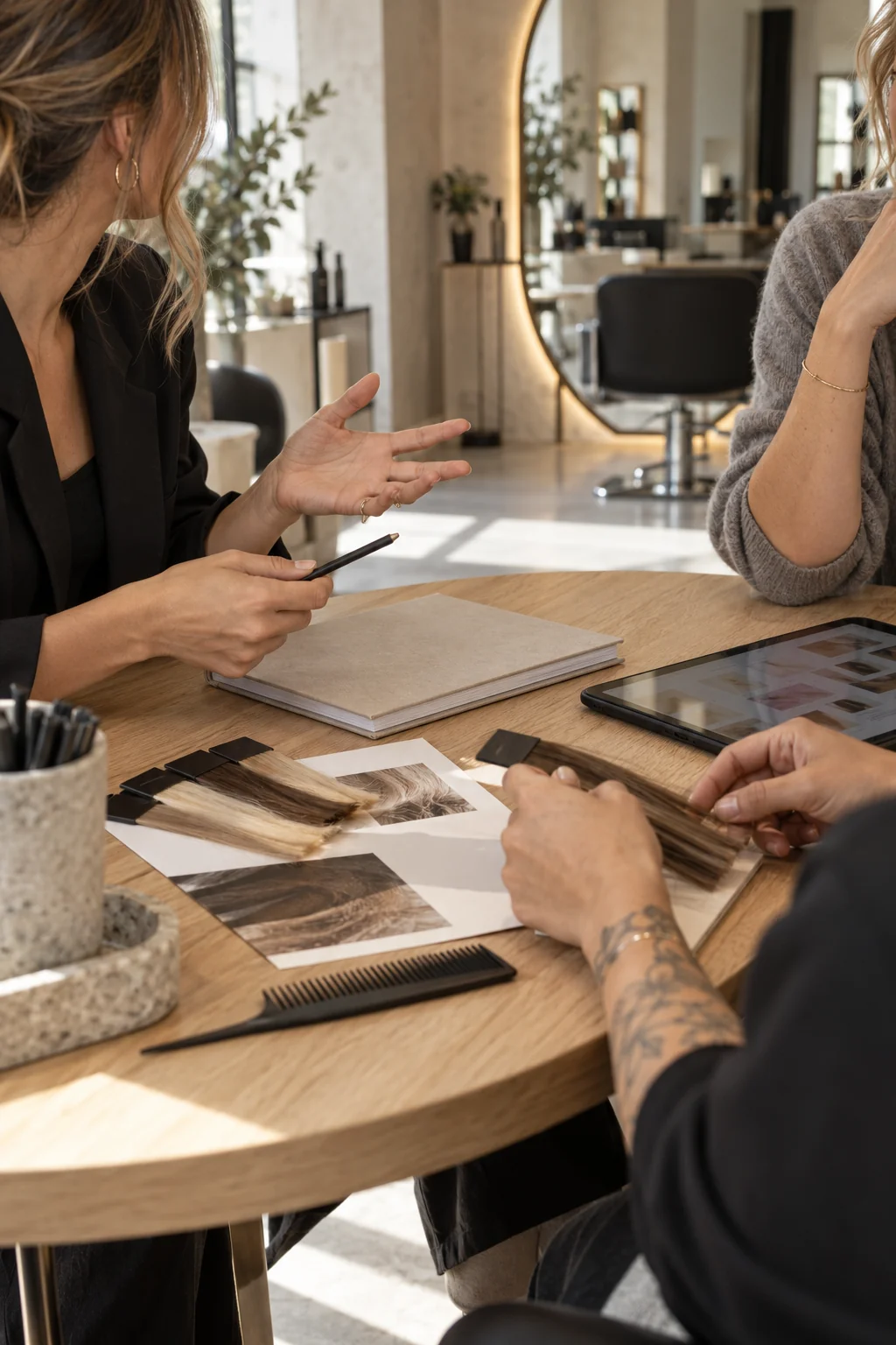 Un échange autour d’un projet entre professionnels de la coiffure